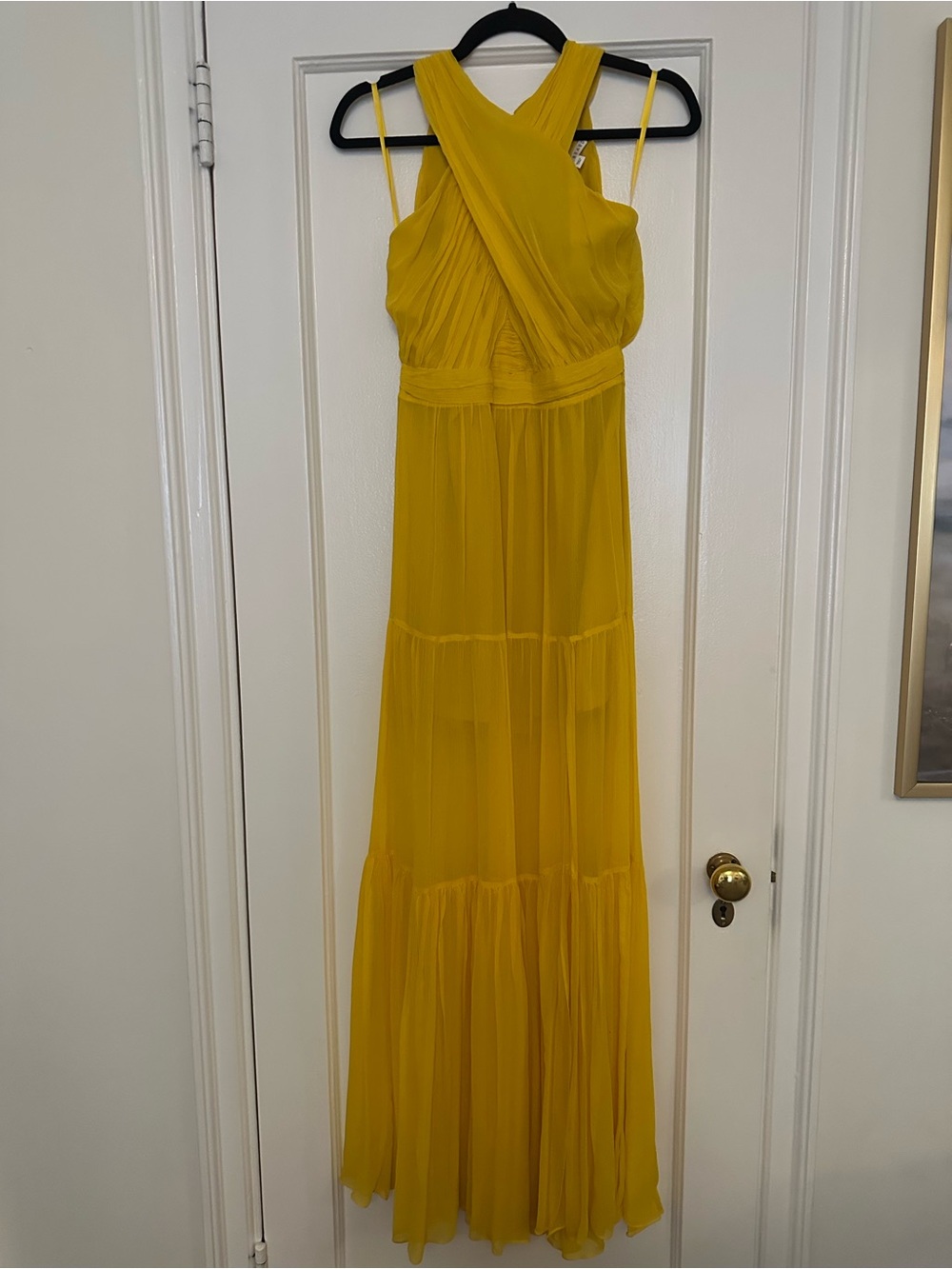 Veronica Beard Mustard Yellow Crisscross Chiffon Maxi Dress